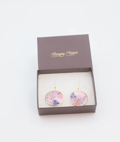 Mostly Pink with a little blue Murano millefiori earring in a gold setting in a gift box