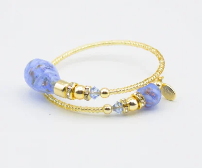 Murano drop wrap bracelet with gold seed beads and sky blue blown glass bead details