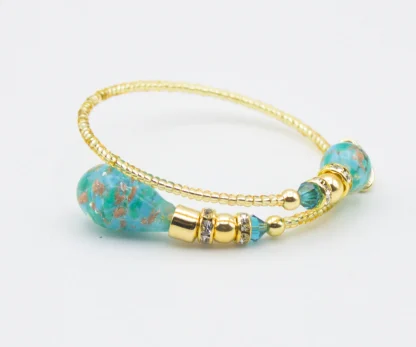 Murano drop wrap bracelet with gold seed beads and teal blown glass bead details