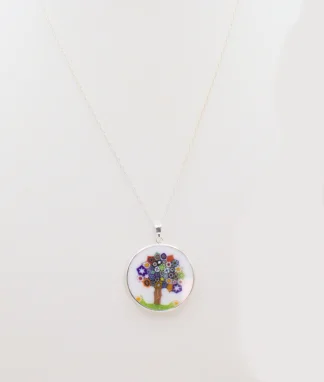 White Murano Millefiori tree pendant in silver setting with silver chain