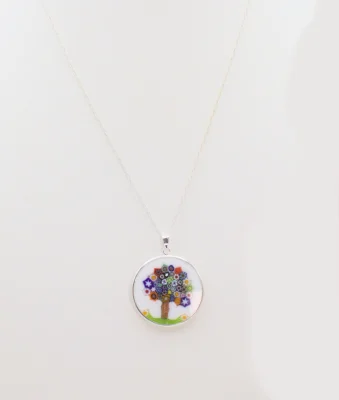 White Murano Millefiori tree pendant in silver setting with silver chain