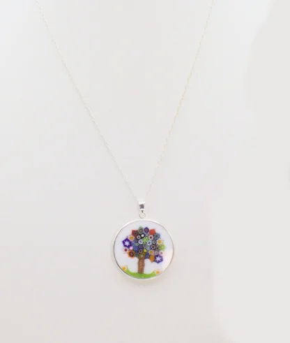 White Murano Millefiori tree pendant in silver setting with silver chain