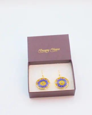 Murano Millefiori Yellow and blue earrings in gold setting in gift box