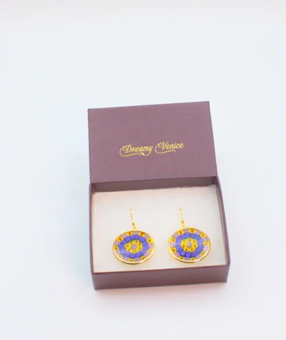 Murano Millefiori Yellow and blue earrings in gold setting in gift box