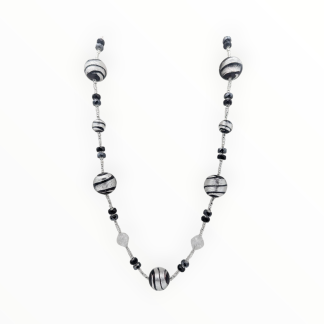 Silver an Black Murano long necklace, silver lampwork beads and diverse shape beads