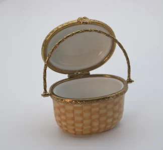 Miniature Limoges Nantucket basket with clipper ship panel and gold trim and handle