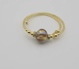 gold Murano wrap bracelet gold seed beads, caramel and blue swirls