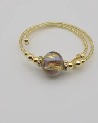 gold Murano wrap bracelet gold seed beads, caramel and blue swirls