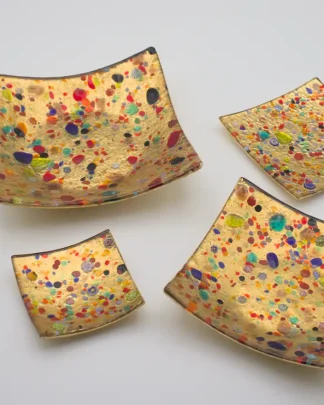 Set 4 of gold Murano glass different sized decorative trays or plates with multicolor dotted decoration Set 4 of gold Murano glass different sized decorative trays or plates with multicolor dotted decoration 5", 4",3", 2"