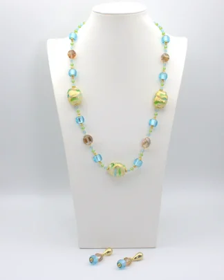 Murano glass long necklace in pastel colors and gold tone glass beads with matching earrings