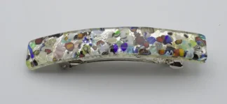 Silver Murano glass barrette with multicolor glass speckles like confetti