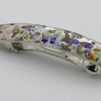 Silver Murano glass barrette with multicolor glass speckles like confetti