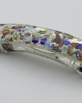 Silver Murano glass barrette with multicolor glass speckles like confetti