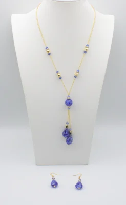 Blue Murano Lariat Necklace with gold seed beads and matching earrings