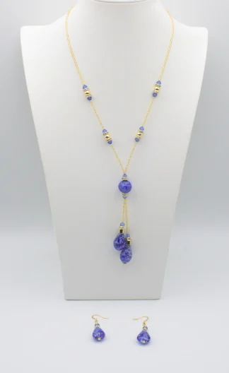 Blue Murano Lariat Necklace with gold seed beads and matching earrings