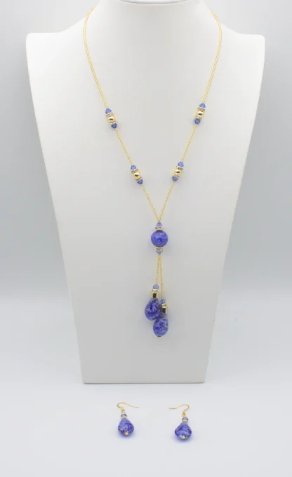 Blue Murano Lariat Necklace with gold seed beads and matching earrings
