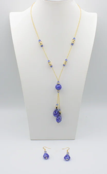 Blue Murano Lariat Necklace with gold seed beads and matching earrings