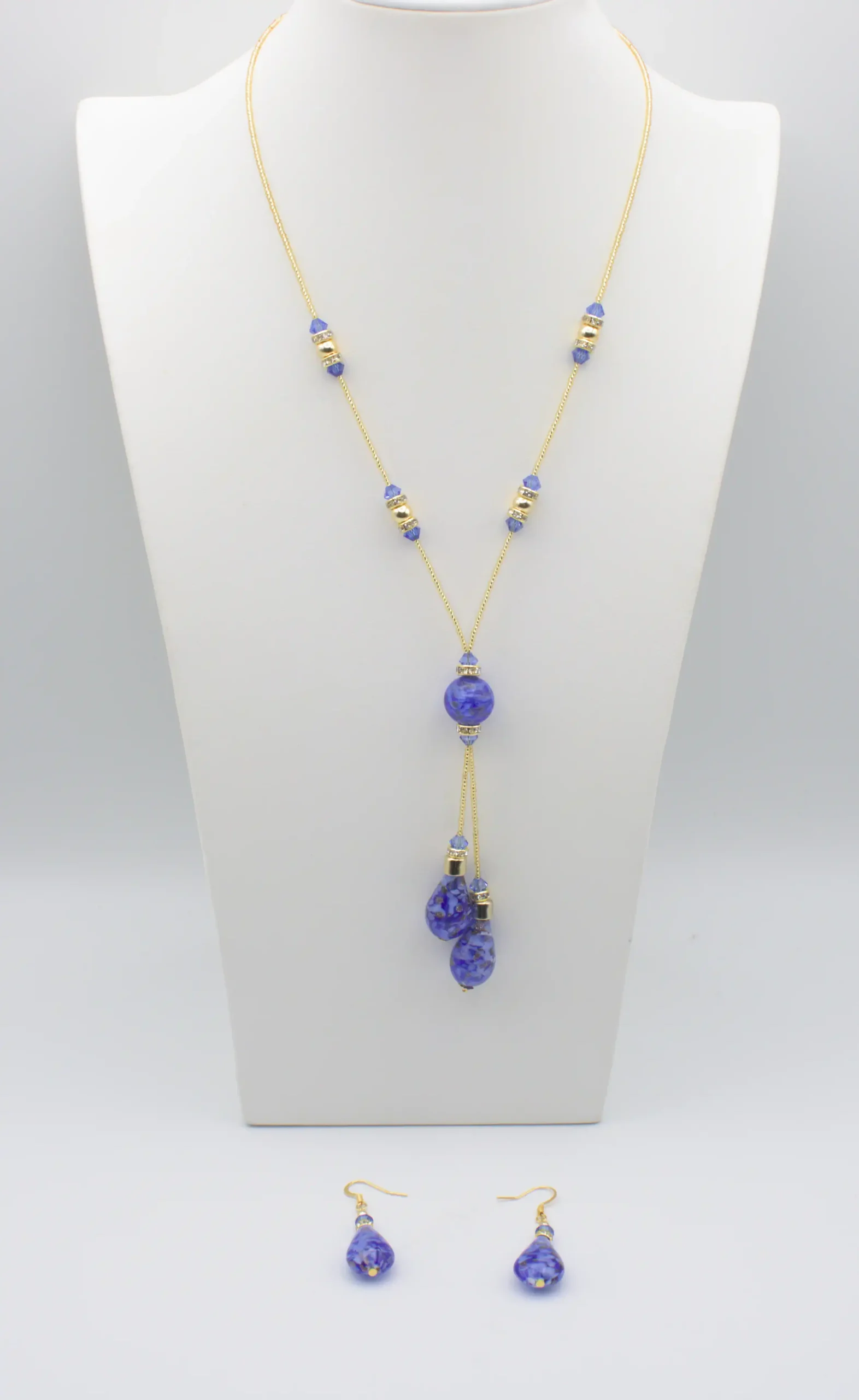 Blue Gold Murano Lariat Necklace Earring Set