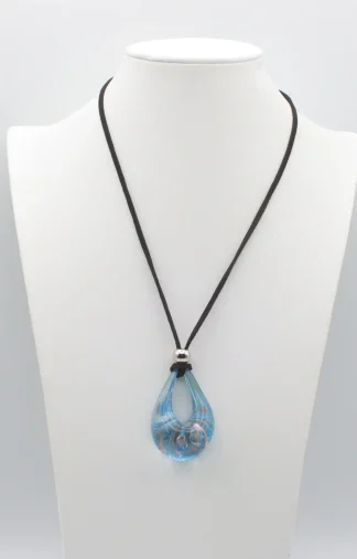 Soft blue with silver and copper infused 2 inch water shaped drop pendant on a suede cord