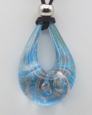 Soft blue with silver and copper infused 2 inch water shaped drop pendant on a suede cord close up