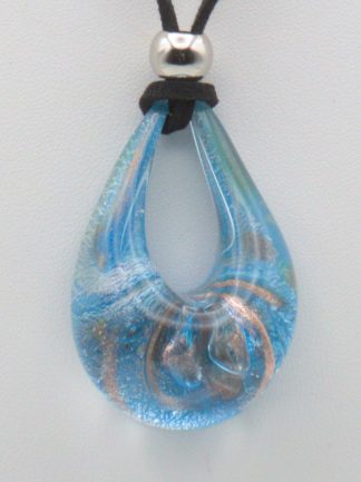 Soft blue with silver and copper infused 2 inch water shaped drop pendant on a suede cord close up