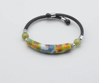 Green Murano glass bracelet curved glass with colorful millefiori flowers interspersed