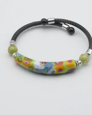 Green Murano glass bracelet curved glass with colorful millefiori flowers interspersed