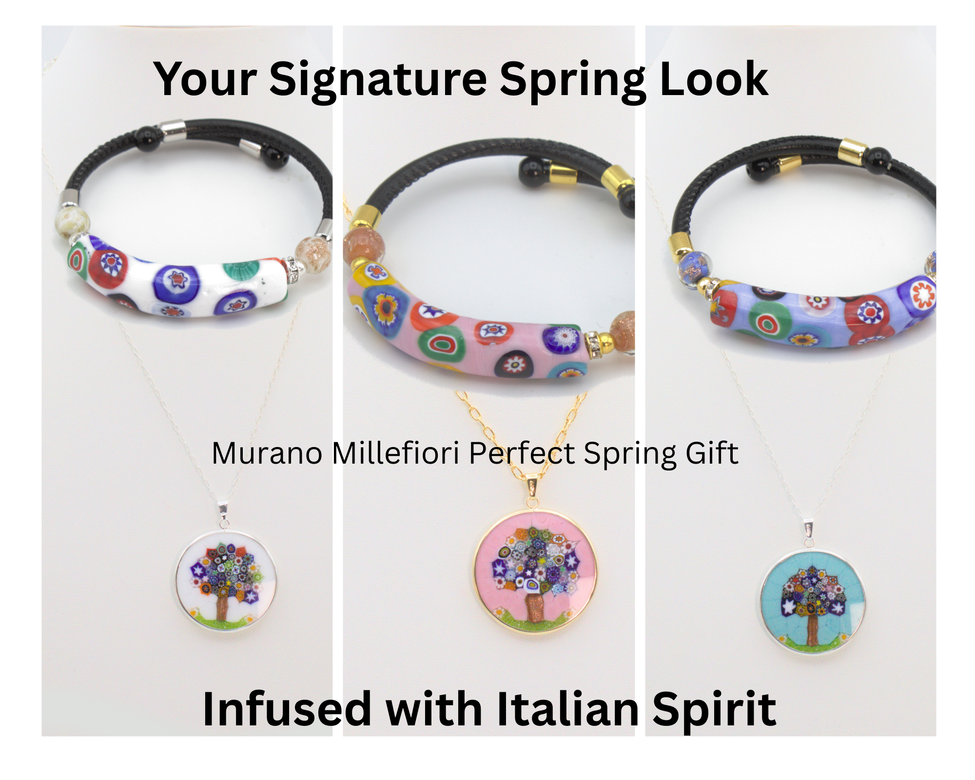 Selections of Murano glass millefiori wrap bracelets and millefiori tree necklaces.
