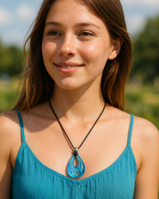 Blue Murano Water Drop Pendant shimmering blue tone pendant on model