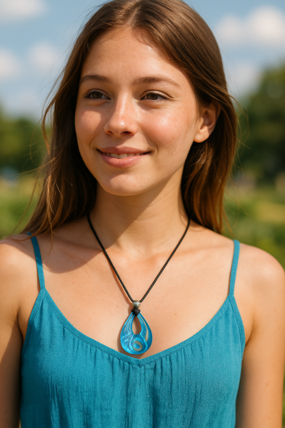 Blue Murano Water Drop Pendant shimmering blue tone pendant on model