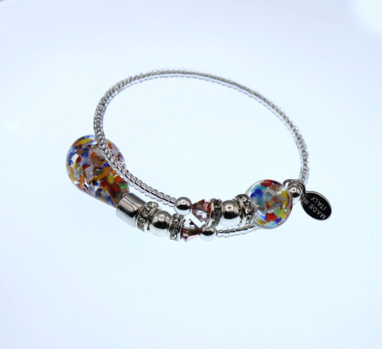 Murano glass drop bead wrap bracelet with silver seed beads and two confetti motif blown glass beads at either end with mini bling and faceted bead detail