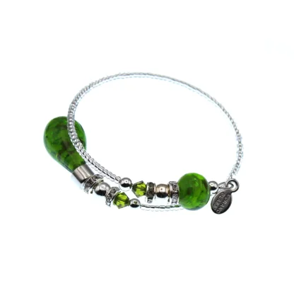 Murano wrap bead silver seed beads with two larger blown glass green beads at either end