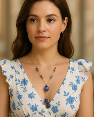 Blue Murano lariat necklace with diverse sizes of Murano glass beads with cord of gold seed beads on model