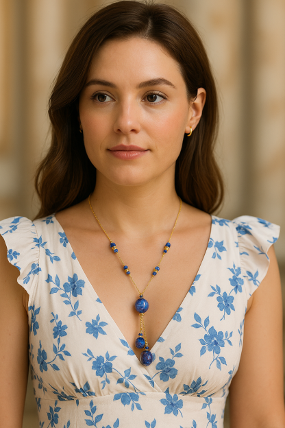 Blue lariat necklace on model