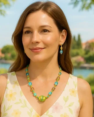 Murano glass long necklace set in pastel blue, green and gold