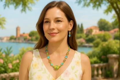 Murano glass long necklace set in pastel blue, green and gold
