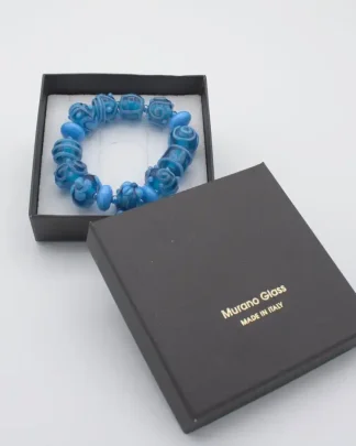 Stretch bracelet turquoise Murano glass hand made extra fancy beads with floral and other patterns on hand blown beads in gift box