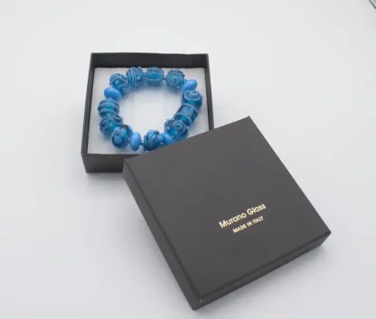 Stretch bracelet turquoise Murano glass hand made extra fancy beads with floral and other patterns on hand blown beads in gift box