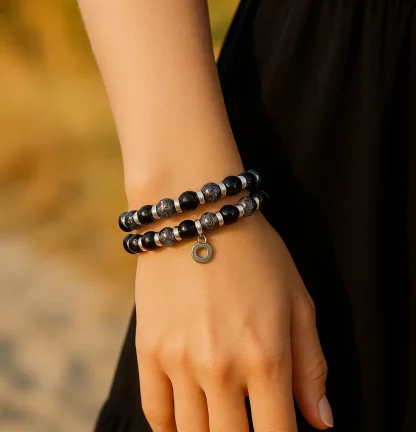 Dark Murano glass beads stretch bracelet on model