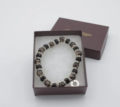 Dark Murano Glass stretch bracelet with two types of Murano beads and mini bling in a gift box