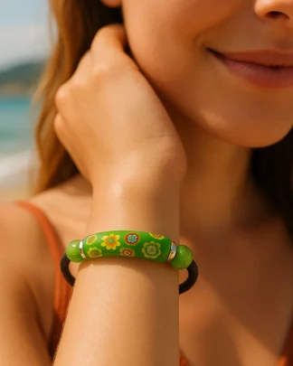 Green garden millefiori flower wrap bracelet with leather wrist bank on model