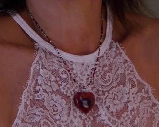 Murano glass heart pendant in red and silver on 16 inch Murano glass beaded cord