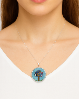 Blue Murano millefiori necklace in a silver casing on a silver chain