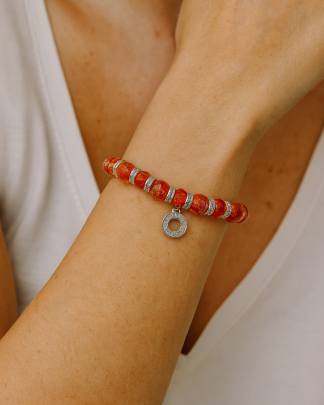 Red Murano stretch bracelet, red Murano glass beads with copper infusion and mini-bling