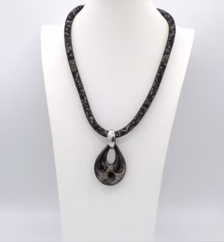 Murano glass necklace black with 2 inch long 1 inch wide lampworked black, silver and copper pendant on 18 inch mesh cord filled with sparkling seed beads