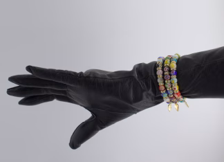 Murano triple millefiori bracelets multicolor shown on a black leather glove