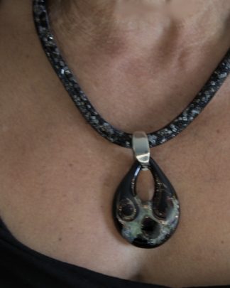 Murano glass necklace black with 2 inch long 1 inch wide lampworked black, silver and copper pendant on 18 inch mesh cord filled with sparkling seed beads