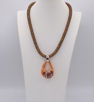 Murano glass necklace with 2 inch long 1 inch wide lampworked orange and red teardrop pendant on 18 inch mesh cord filled with sparkling seed beads