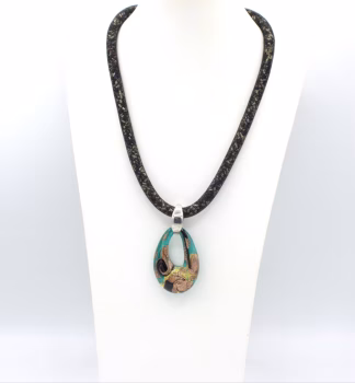Murano glass necklace teal with 2 inch long 1 inch wide lampworked orange and red teardrop pendant on 18 inch mesh cord filled with sparkling seed beads