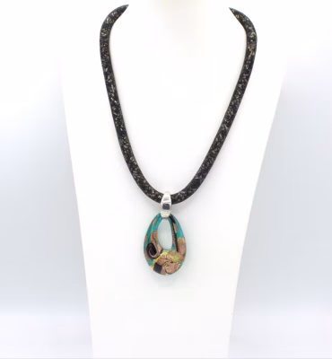 Murano glass necklace teal with 2 inch long 1 inch wide lampworked orange and red teardrop pendant on 18 inch mesh cord filled with sparkling seed beads